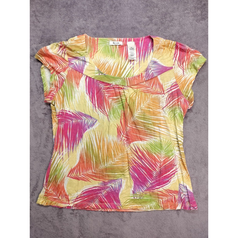 liz&co shirt petite XL multi color feather graphic Hawaiian tropical beach fun